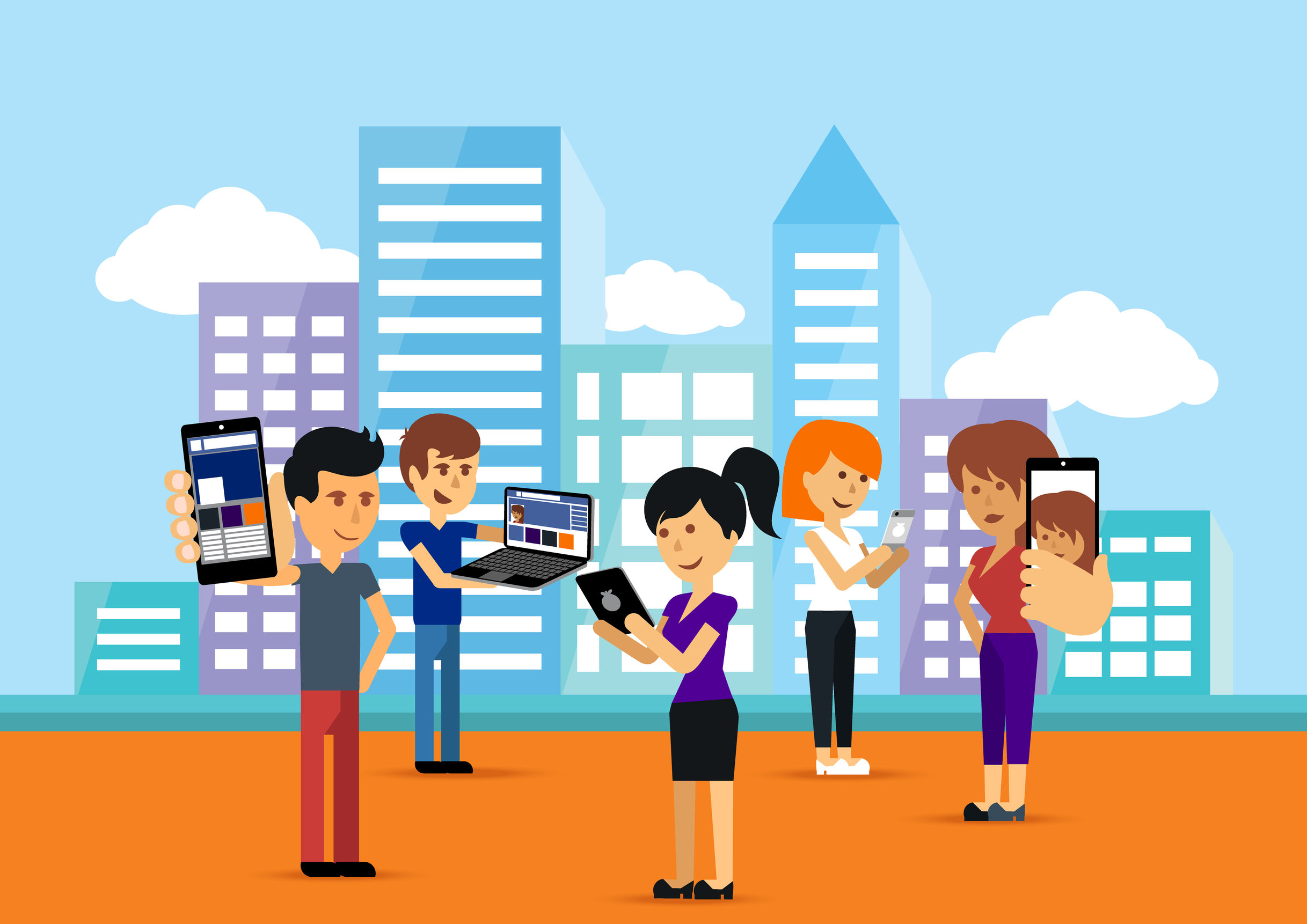 People using social media and devices